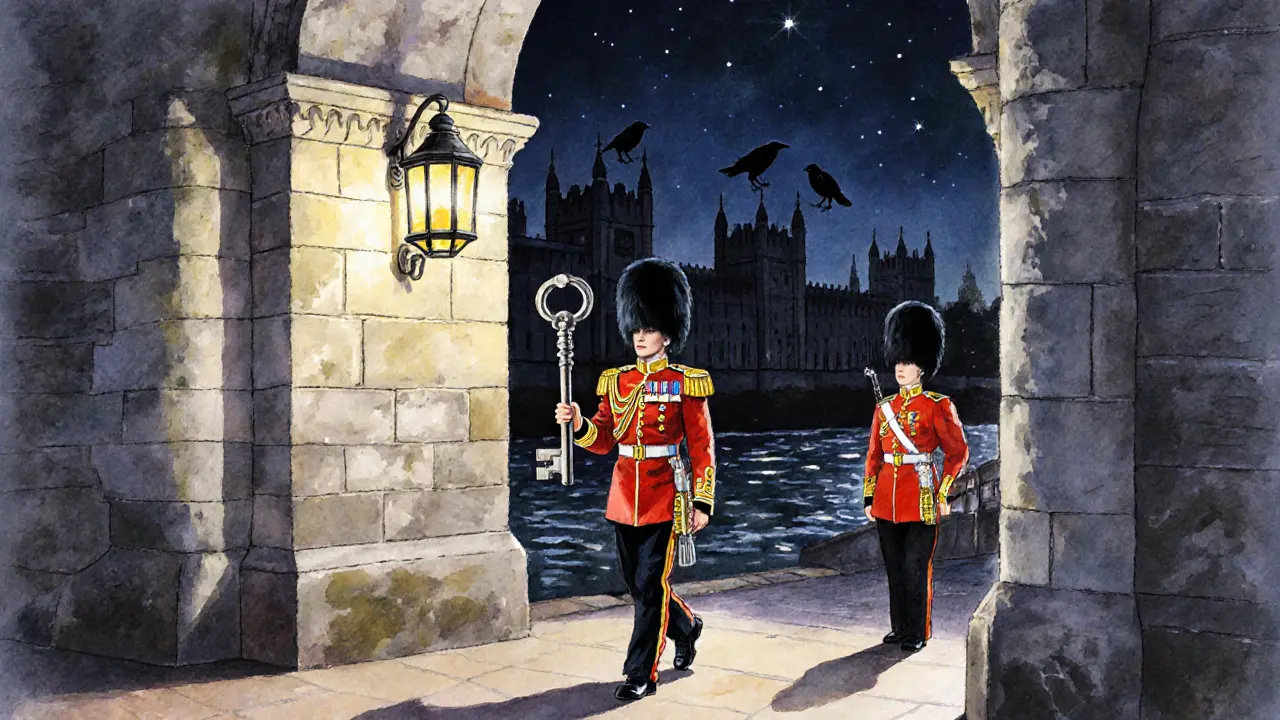 A Beefeater performing the Ceremony of the Keys at night, lantern light casting long shadows under the Tower&#039;s arch.