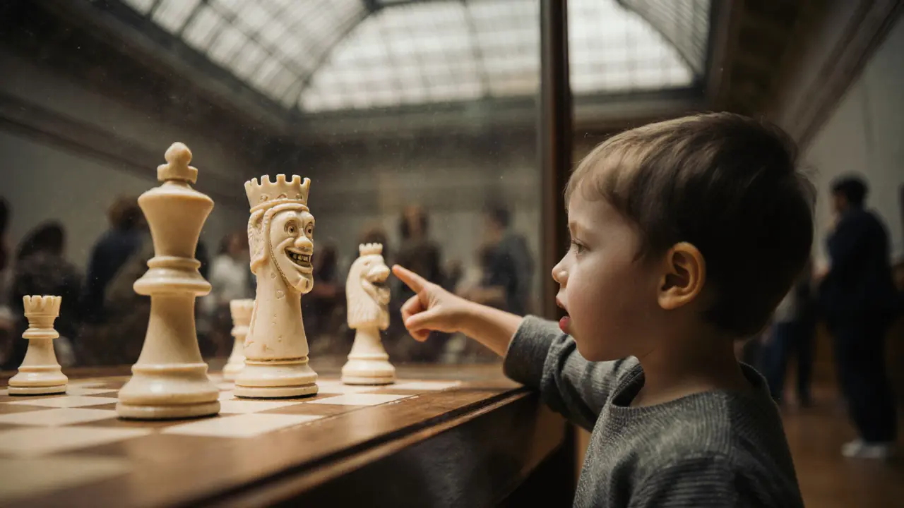 A child points at the Lewis Chessmen in a softly lit museum case, family blurred in background.