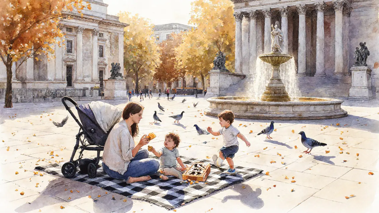 A family picnics in the British Museum courtyard, kids chasing pigeons near a fountain under autumn trees.