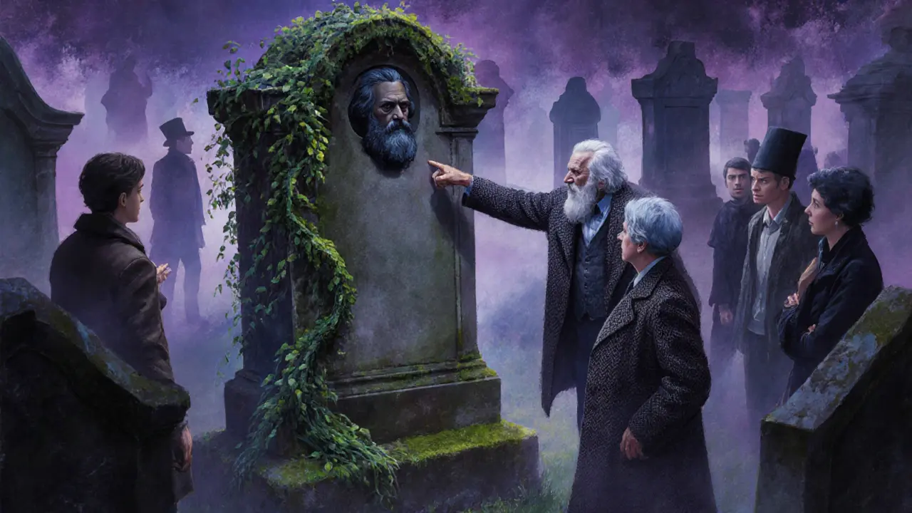 A guide points to Karl Marx&#039;s gravestone in Highgate Cemetery at twilight, surrounded by curious visitors.