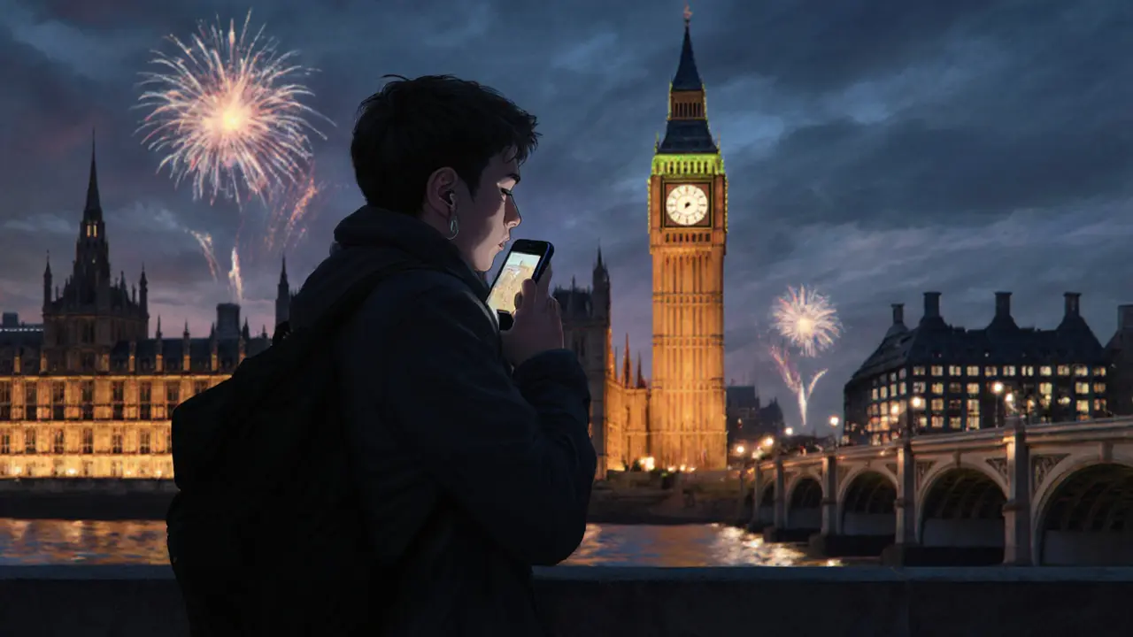 A person listening to Big Ben&#039;s chime at midnight on Westminster Bridge.
