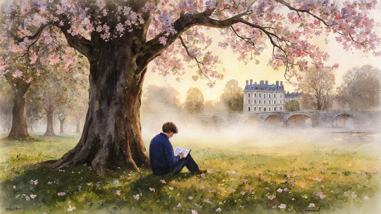 A person sits under an oak tree in Hampstead Heath as cherry blossoms fall, with Kenwood House in the distance.