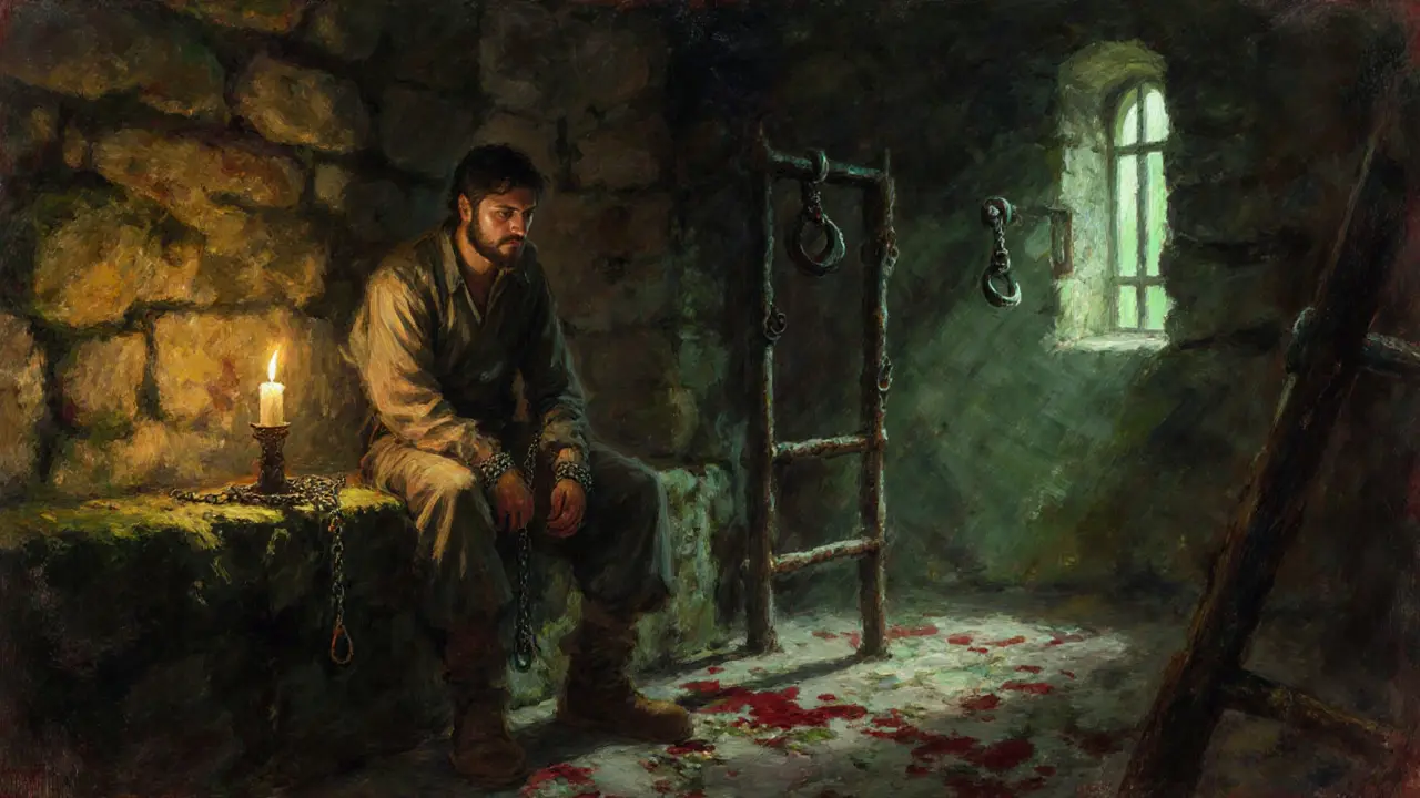 A prisoner chained in a damp, candlelit cell of the Bloody Tower, iron manacles and stone walls surrounding him.