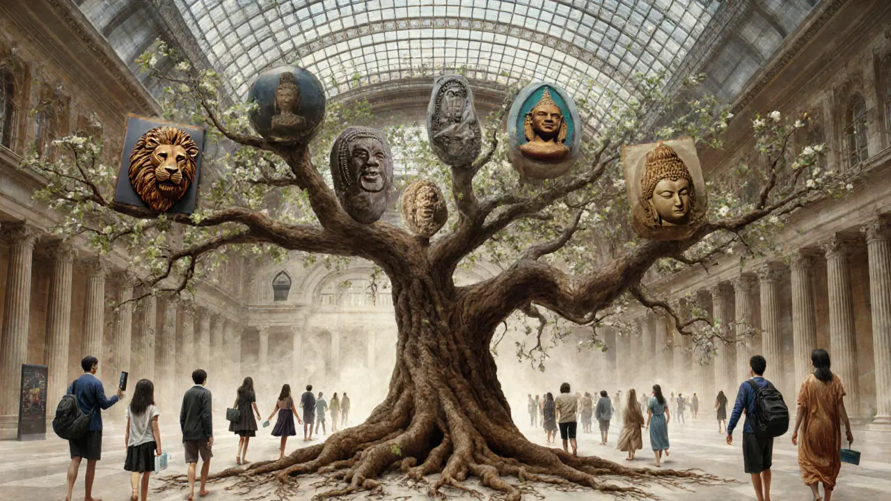 A symbolic tree with global artifacts as leaves, rooted in the British Museum, connecting cultures.