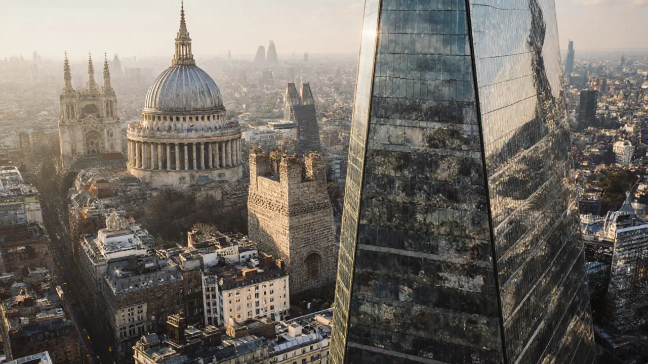 Aerial view from The Shard showing London’s historic and modern buildings arranged in a harmonious skyline collage.