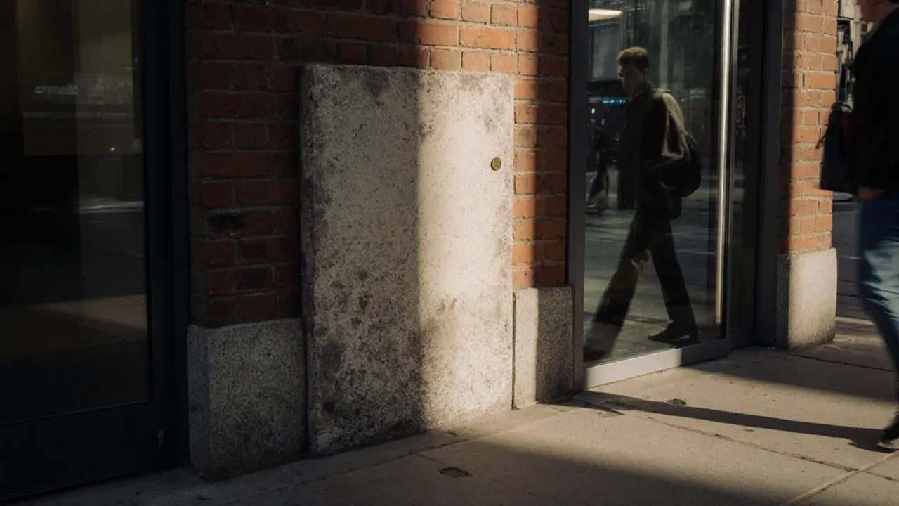 An ancient stone embedded in a modern office wall, with a single coin left atop it.