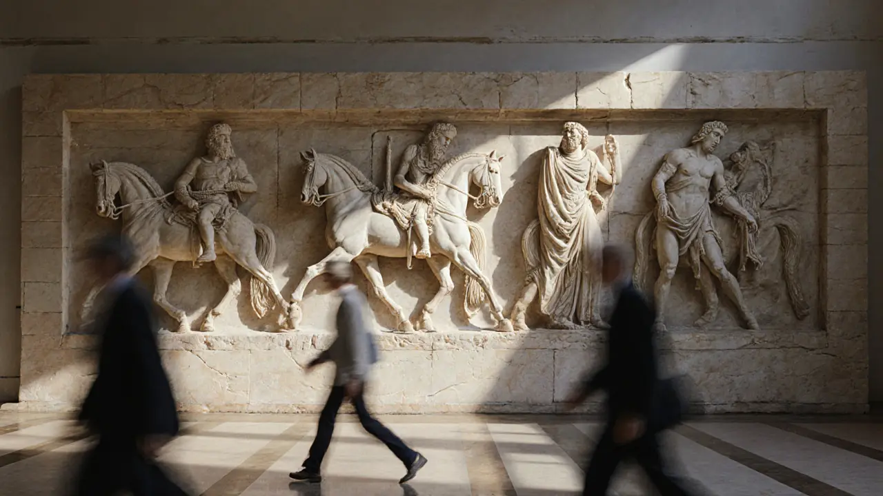 Ancient Greek marble frieze displayed under soft gallery lights with modern visitors passing by.