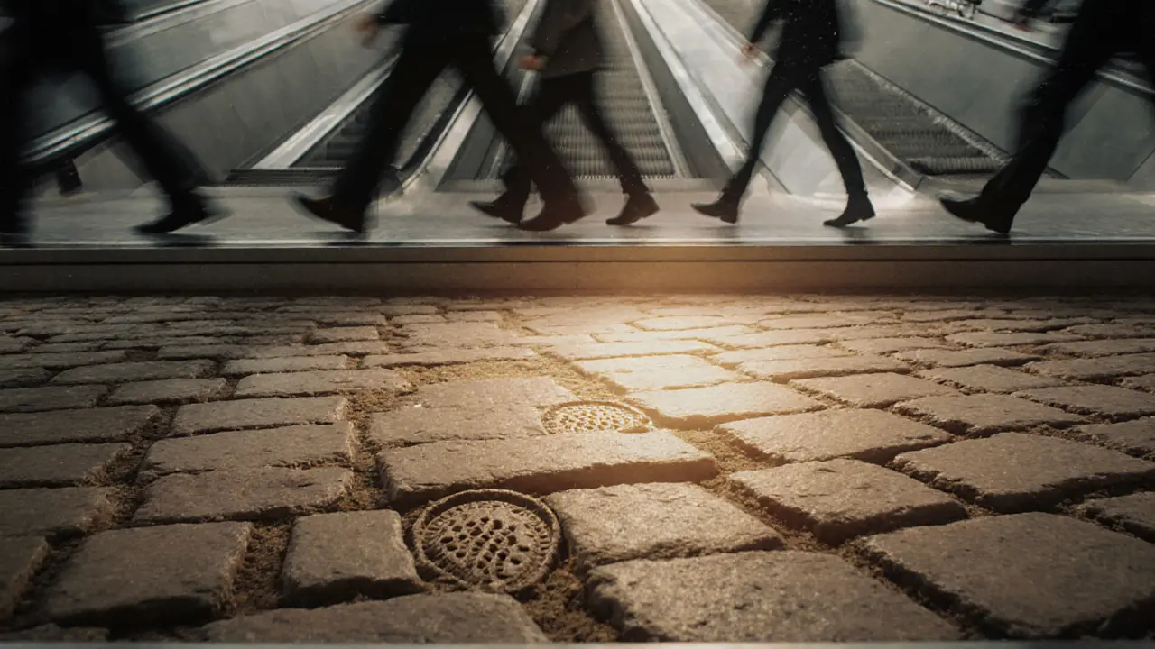 Ancient Roman road with horse hoofprint visible under glass at King’s Cross Station.