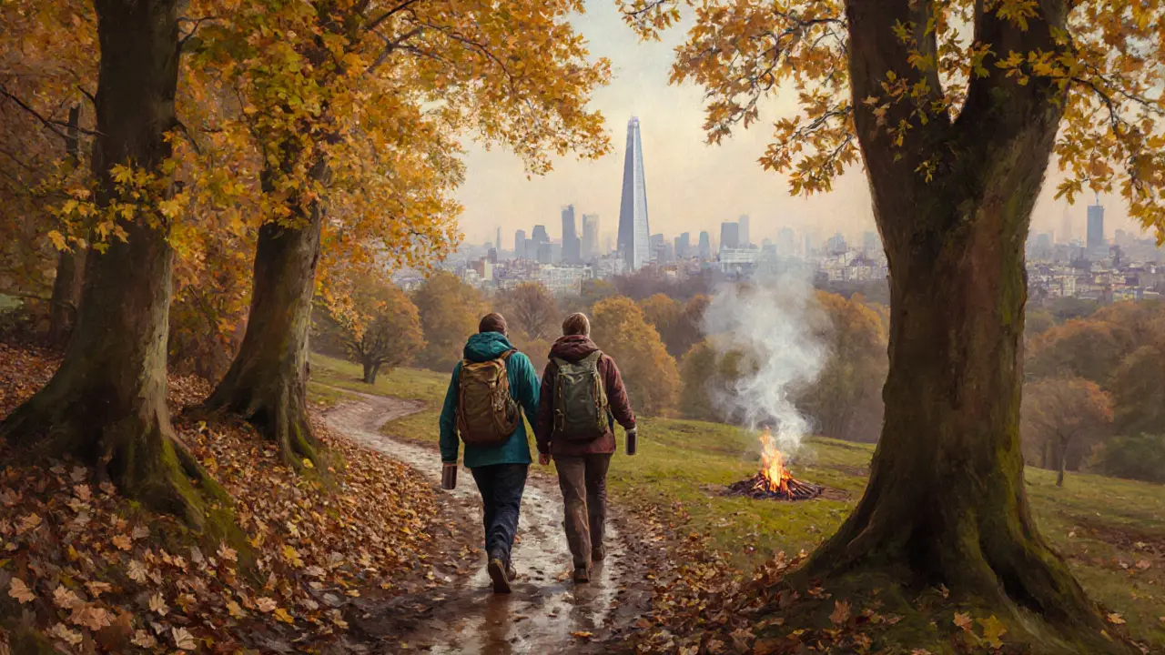 Autumn trail on Hampstead Heath climbing toward Parliament Hill with golden trees and London skyline in distance.