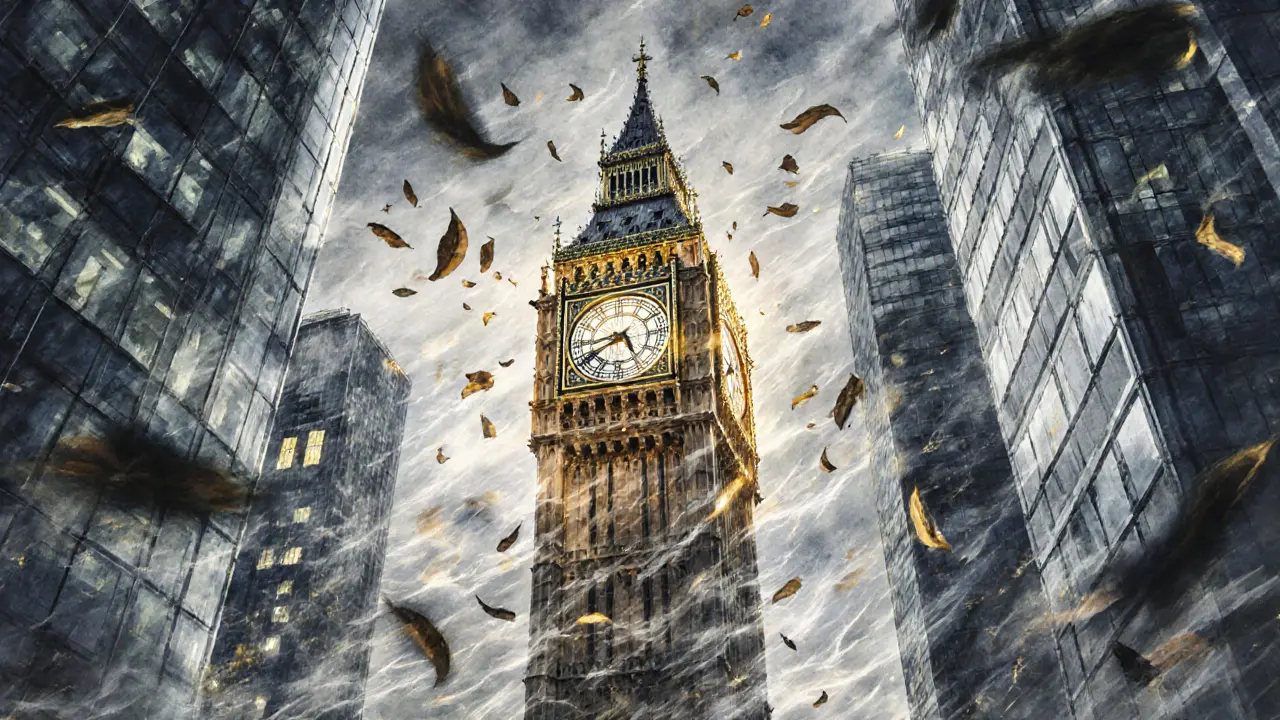 Big Ben as a steadfast figure amid modern skyscrapers, glowing with golden light.