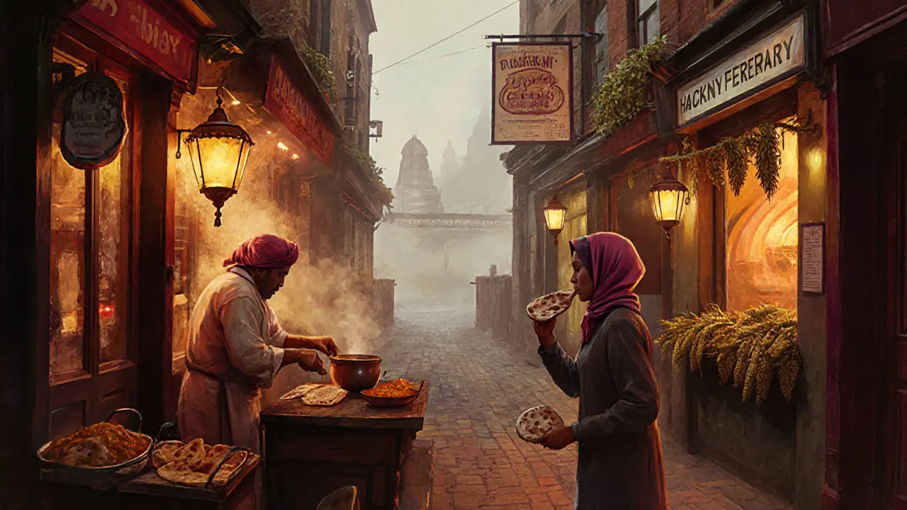 Brick Lane alley with street food stall and hidden brewery under warm lantern glow.