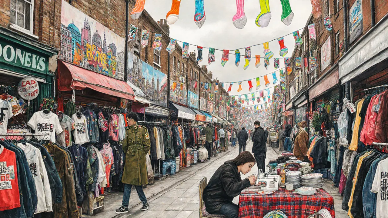 Brick Lane Sunday market with punk tees, military coats, and handmade fashion creations.