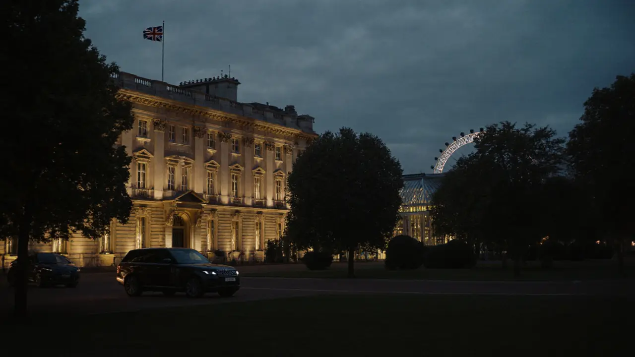 Buckingham Palace at twilight, golden windows glowing over its private garden.