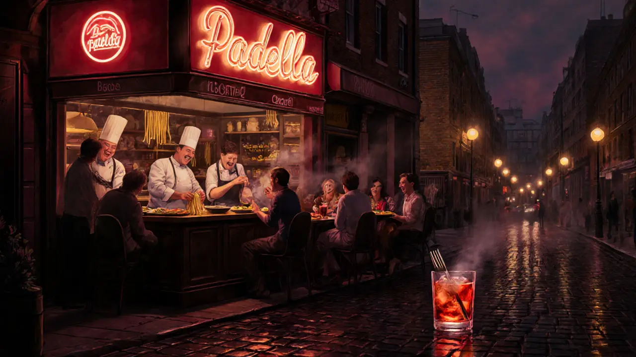Busy Padella restaurant in Shoreditch with chefs rolling pasta and diners enjoying late-night meals.