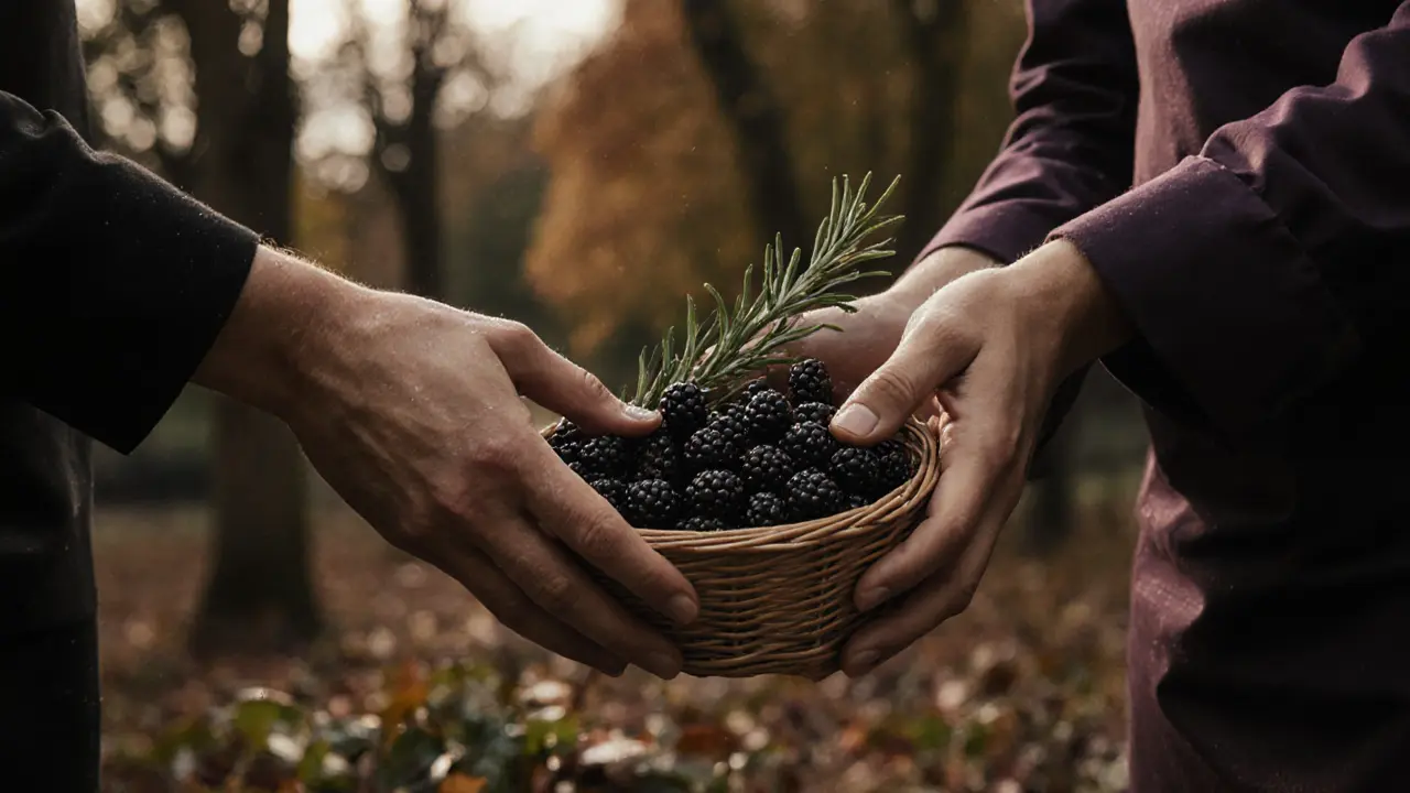 Chef and forager exchanging basket of blackberries and wild rosemary, autumn forest background, morning dew.