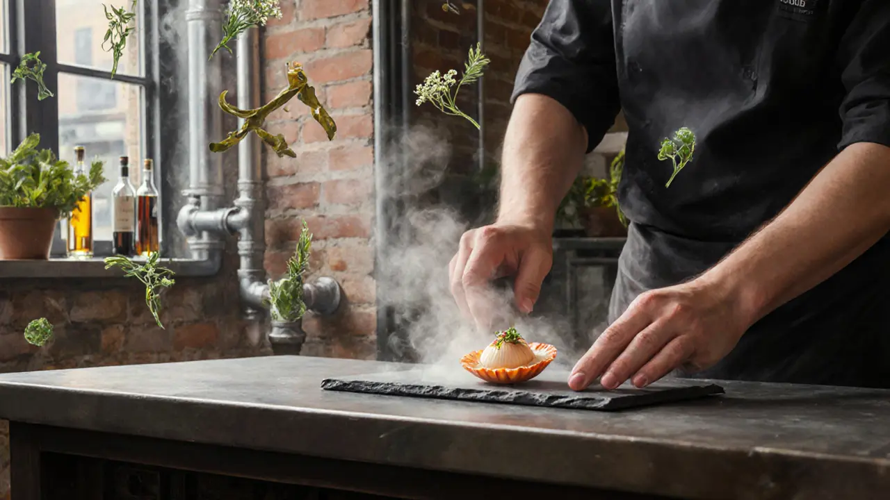 Chef placing scallop on slate at The Clove Club's open kitchen with industrial surroundings.