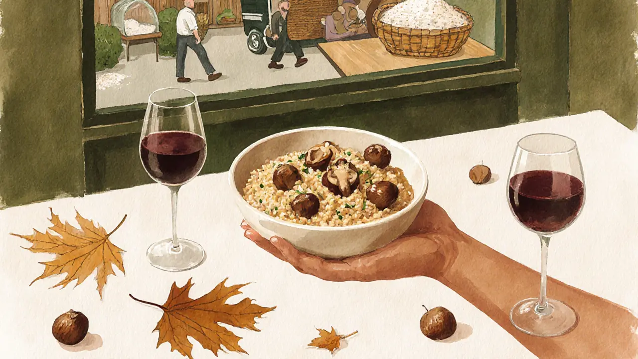 Chestnut risotto with wild mushrooms and autumn leaves at The River Café, English wine nearby, October harvest theme.
