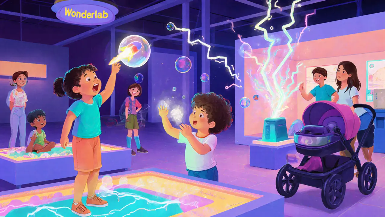 Children interact with glowing science exhibits in the Wonderlab at London&#039;s Science Museum, creating lightning and floating bubbles.