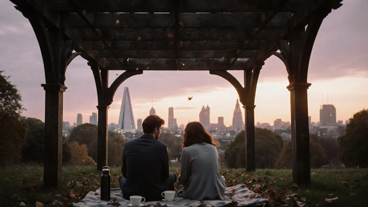 Couple watching sunset from Hampstead Heath Pergola with London skyline in the distance.