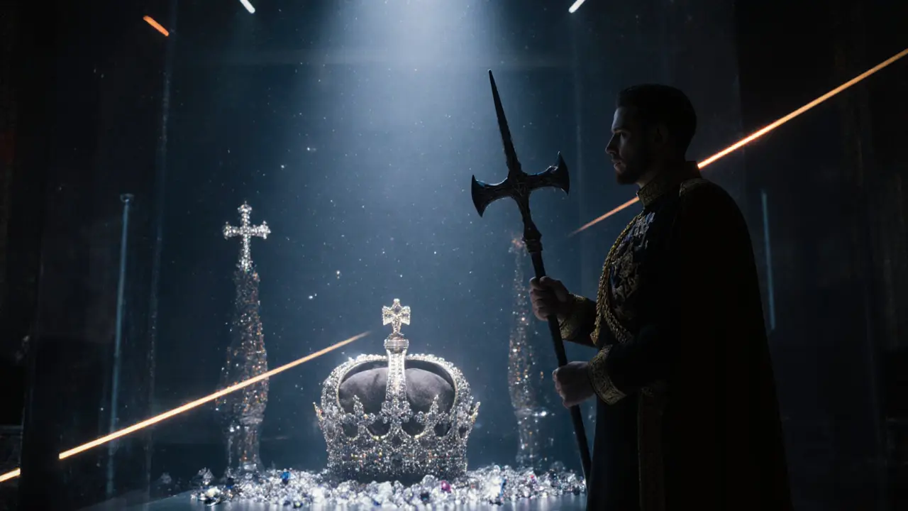 Crown Jewels illuminated under security lasers, Beefeater standing guard in shadow.
