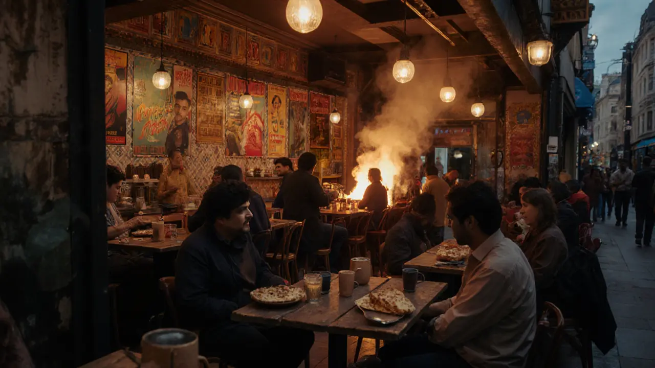Dishoom restaurant bustling with patrons enjoying chai in earthen cups and fresh naan.