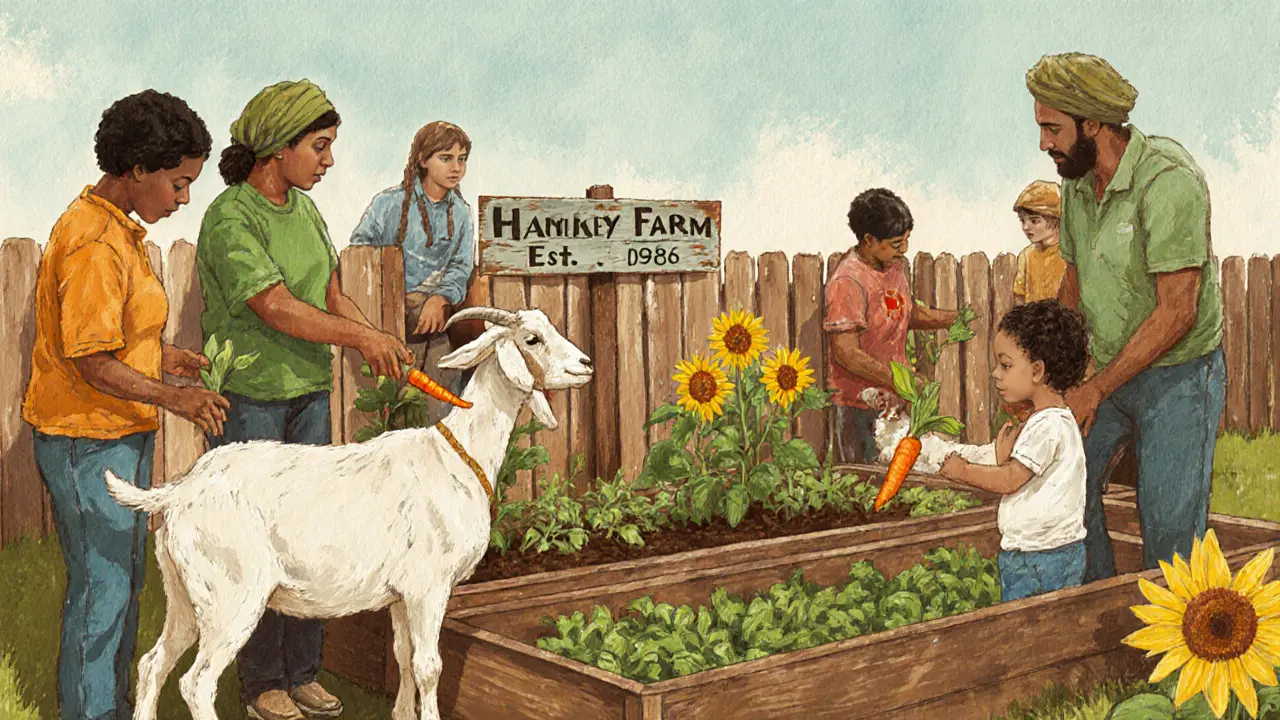 Diverse volunteers at Hackney City Farm tending goats and vegetables on a sunny Saturday afternoon.