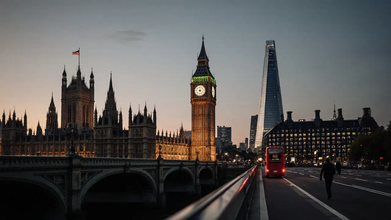 Elizabeth Tower at dusk with modern skyscrapers in background, bus on bridge, walker on Thames Path looking up.