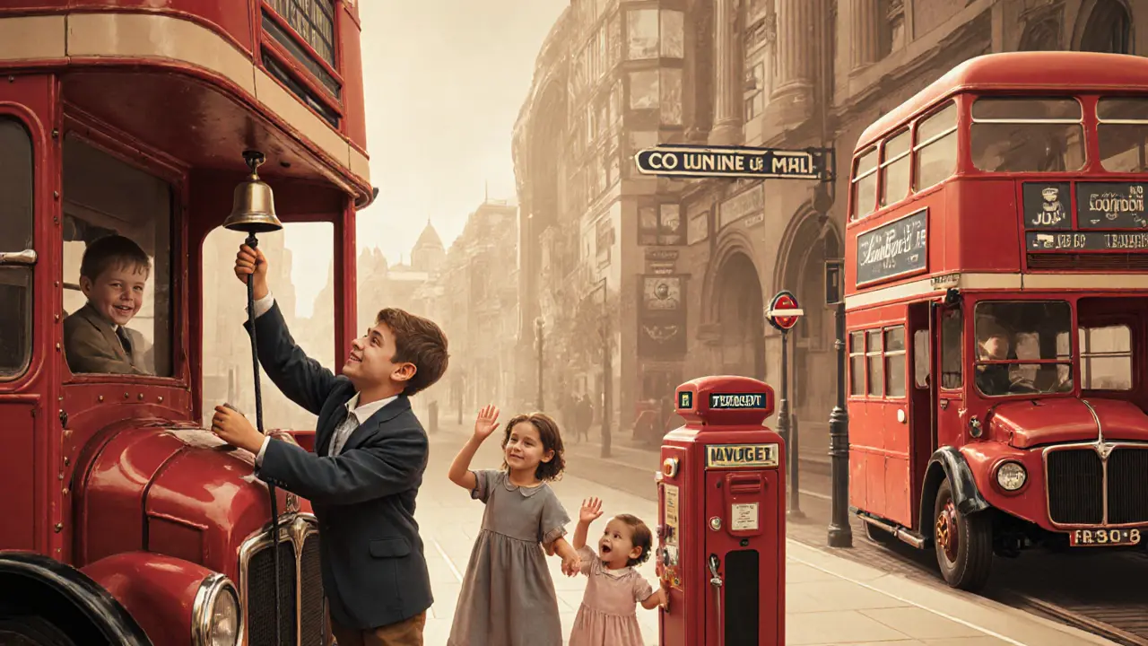 Family interacting with a vintage bus and ticket machine at the London Transport Museum, surrounded by retro design elements.