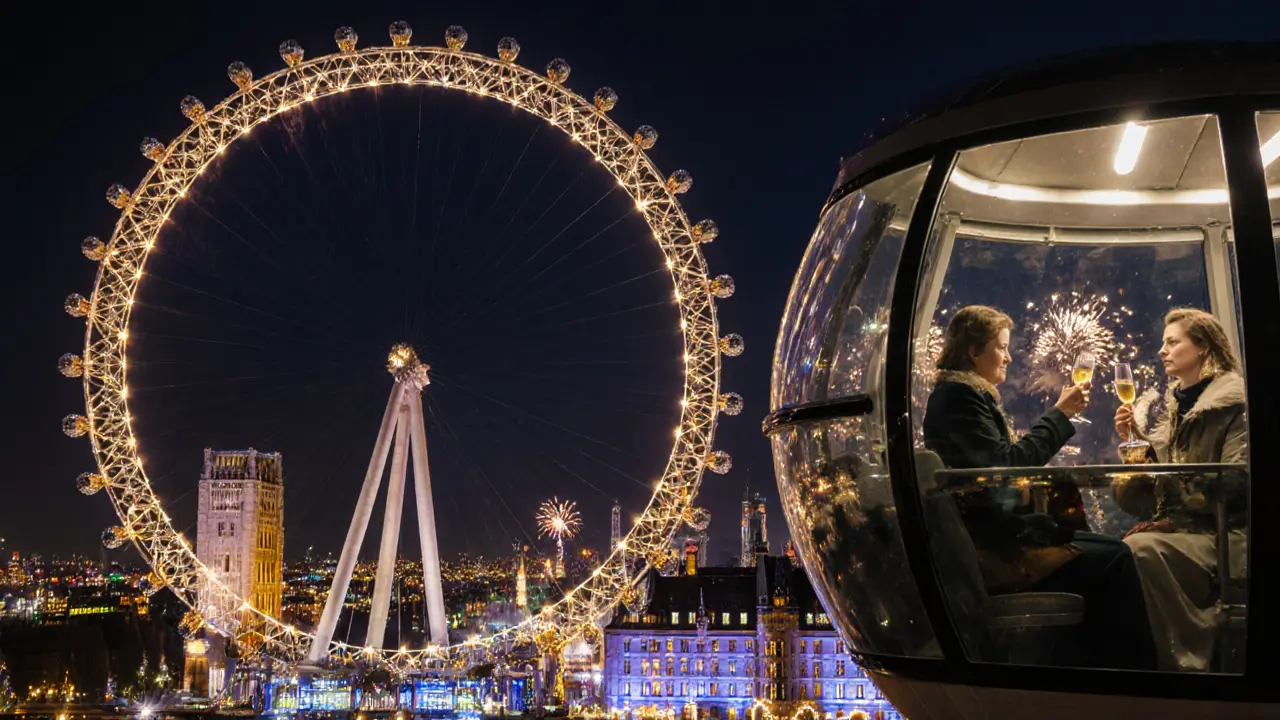 Festive London Eye lit in gold and white lights during holiday evening, with fireworks in the background.