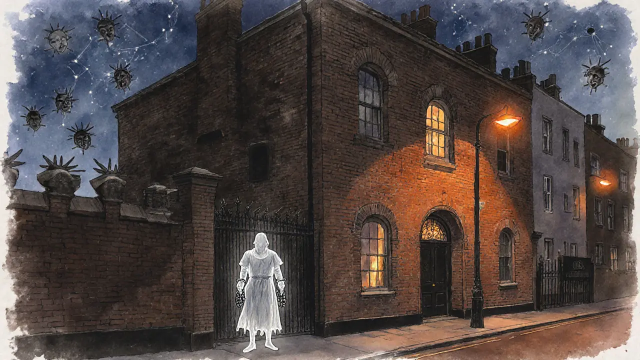 Gothic brick building with ghostly figures of traitors hovering above its gate at dusk.