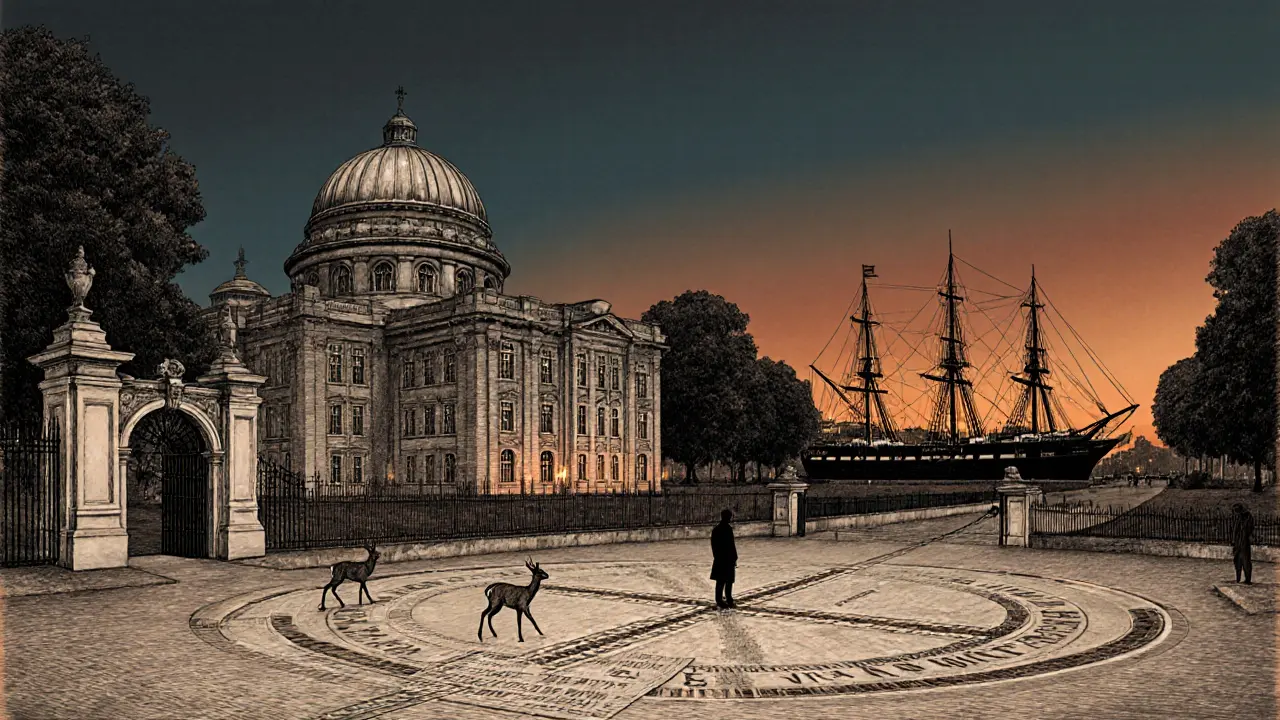 Greenwich Park at dusk with the Prime Meridian line and deer near the Royal Observatory.