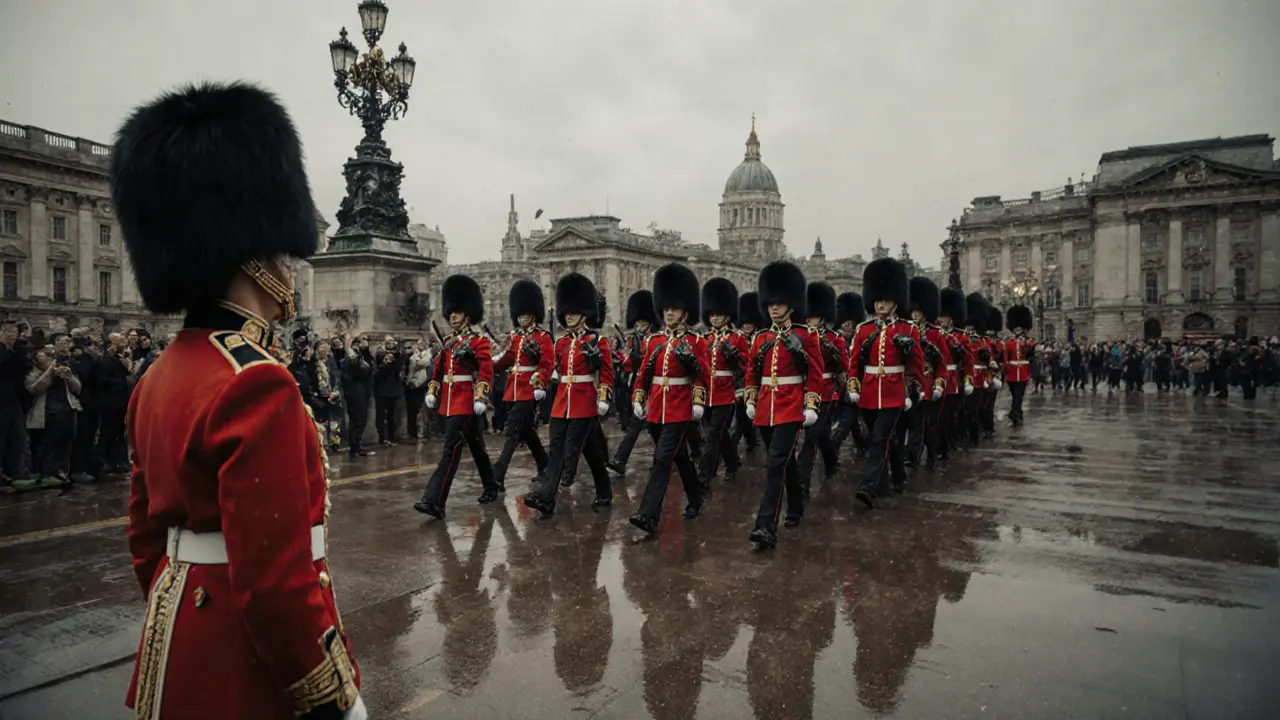 Grenadier Guards marching in perfect formation during the Changing of the Guard in London.