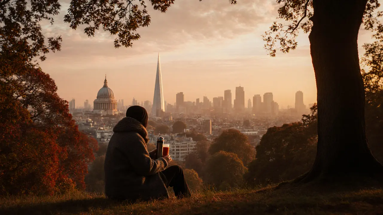 Hampstead Heath viewpoint at sunset with London skyline glowing through autumn trees and a solitary figure on a blanket.