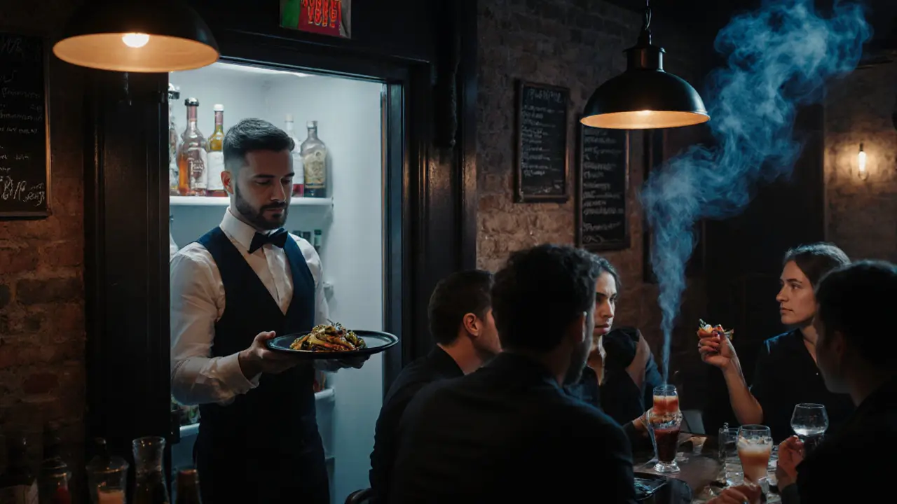 Hidden speakeasy bar in Soho serving creative small plates under dim, moody lighting.