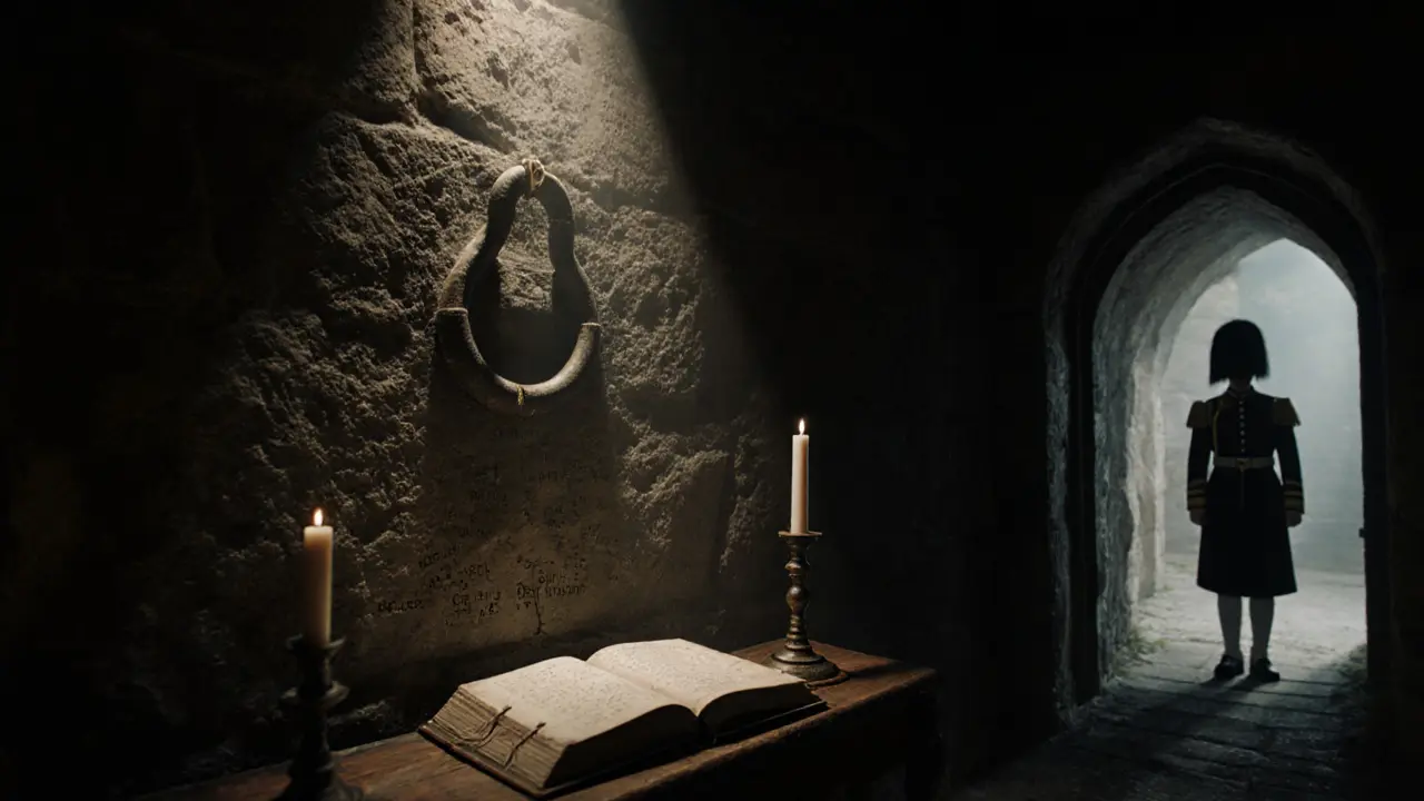 Inside the Bloody Tower, a dim chamber with an old manacle and carved stone walls, hinting at forgotten prisoners.