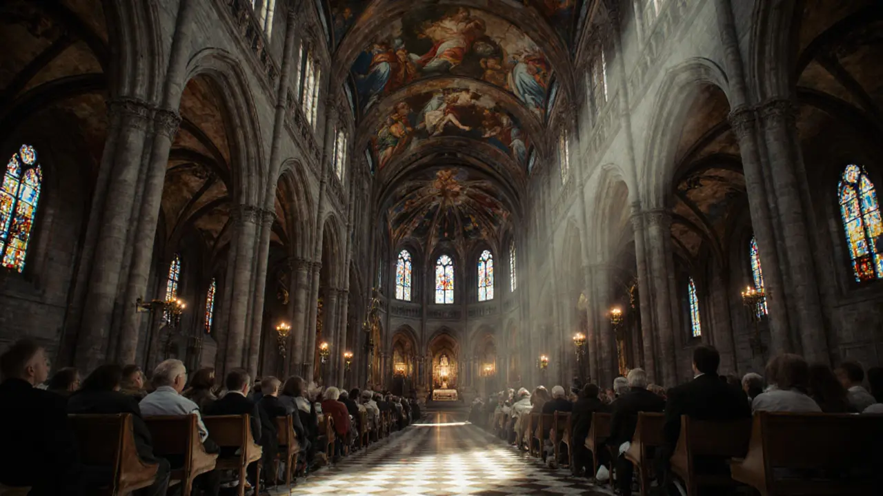 Interior of St. Paul&#039;s Cathedral during Evensong, sunlight filtering through stained glass onto silent worshippers.