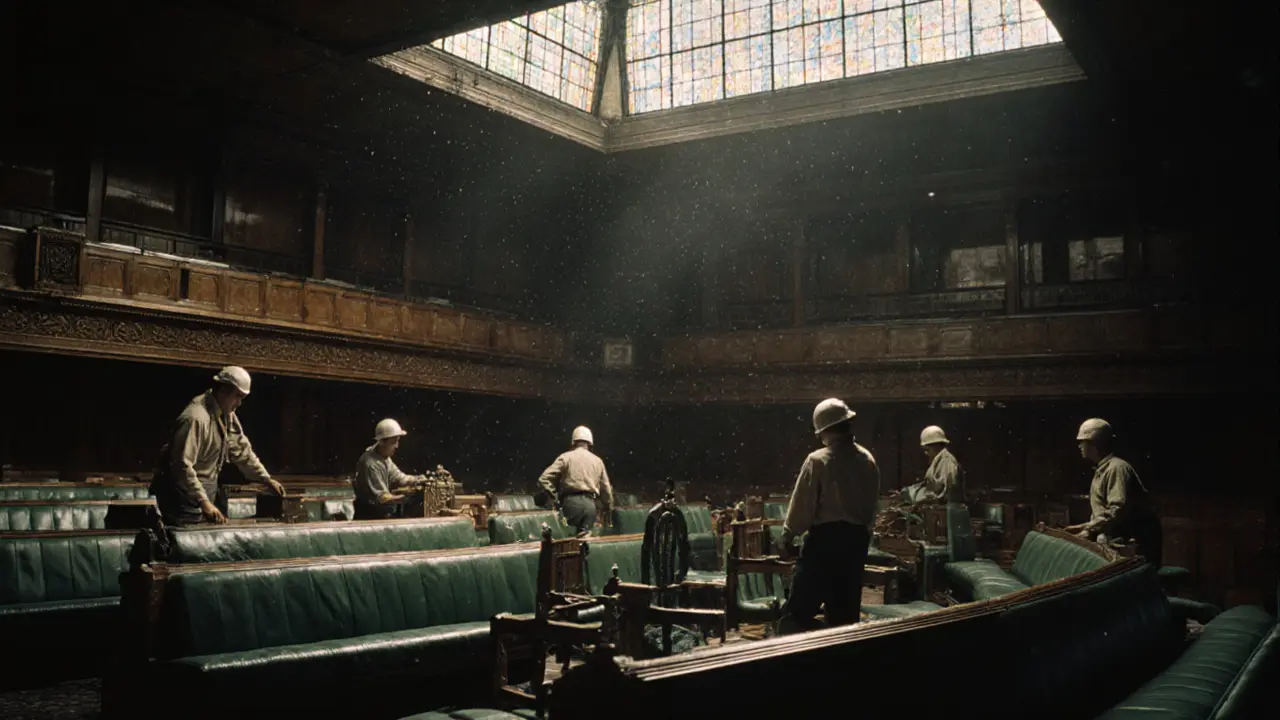 Interior of the Commons Chamber in 1950, workers restoring green benches beneath ceiling bullet holes and stained glass.