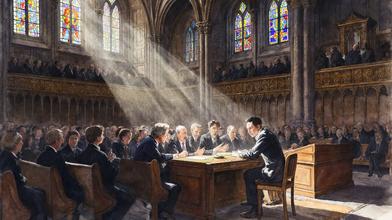 Interior of the House of Commons during debate, stained-glass light on wooden benches, MPs in discussion, visitors in gallery.