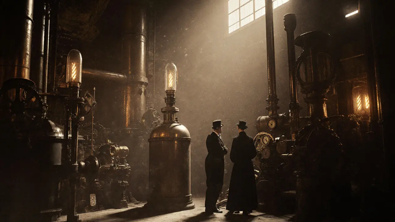 Interior of Tower Bridge&#039;s 19th-century engine room with steam machinery and engineers in Victorian clothing.