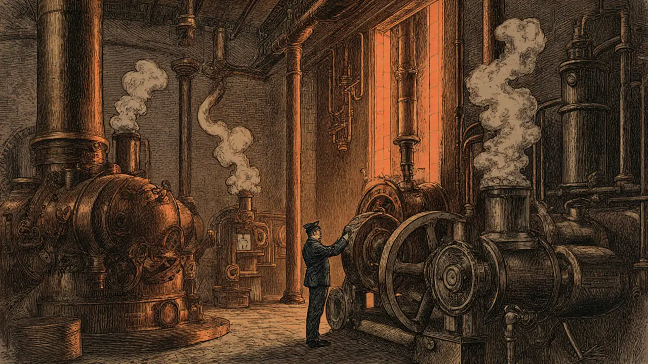 Interior of Tower Bridge&#039;s historic engine room with steam engines, brass gears, and an engineer at work.
