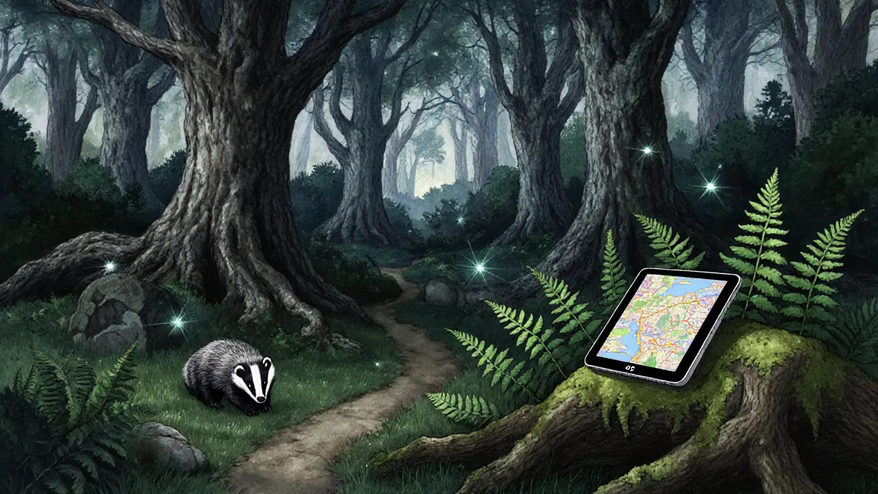 Mystical twilight in Epping Forest with ancient oaks, a badger, and faint trails disappearing into shadow.