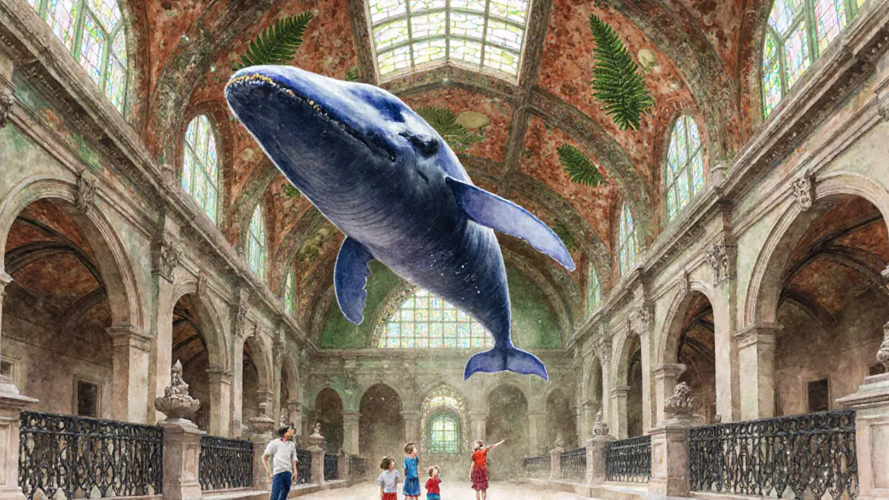 Natural History Museum&#039;s central hall with suspended blue whale and Gothic stained-glass ceiling.