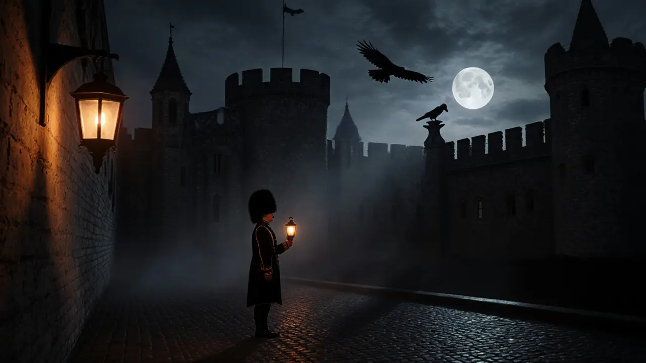 Night tour at Tower of London with lantern light, Beefeater telling stories, ravens in moonlight.