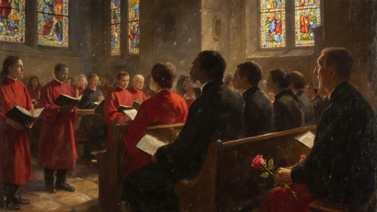 People sit in reverent silence during Evensong at St. Paul&#039;s Cathedral, candlelight illuminating stained glass windows.