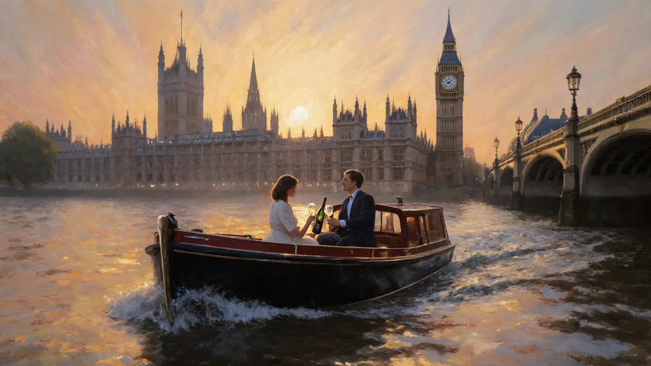 Private river cruise at golden hour with Parliament and Big Ben illuminated on the Thames.
