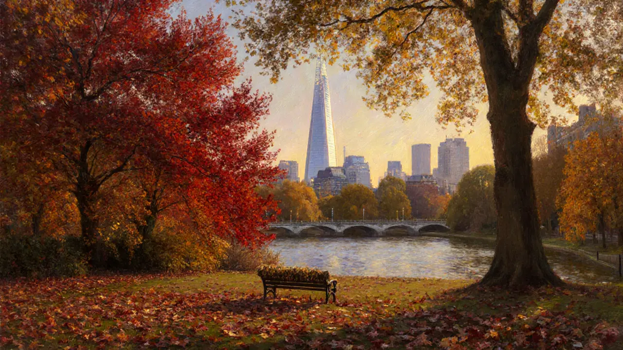 Regent’s Park viewed from the boating lake, The Shard framed by vibrant red and gold autumn trees.