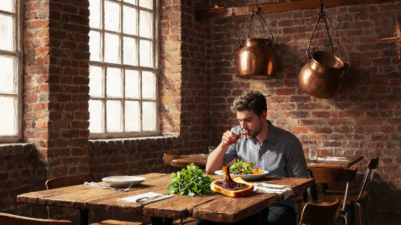 Roasted bone marrow on toast with parsley salad at a rustic wooden table in St. John.