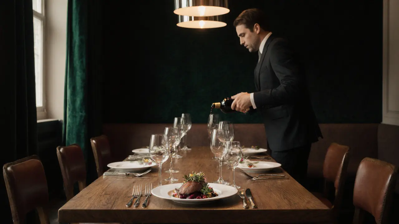 Roasted pigeon with beetroot and juniper at The Ledbury, served in an elegant dining setting.