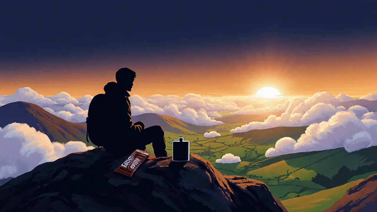 Silhouetted hiker on a mountain summit at dawn, clouds rolling below in soft golden light.