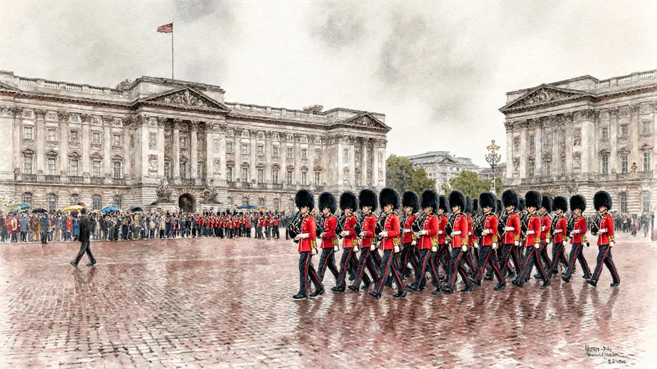 Soldiers march in perfect formation during the Changing of the Guard ceremony, with a military band playing nearby.